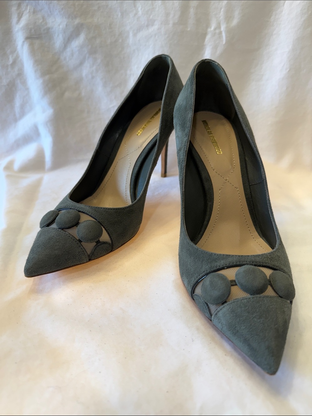 RARE Nicholas Kirkwood Slate Gray Suede Pointed Toe Pumps with Button Accents